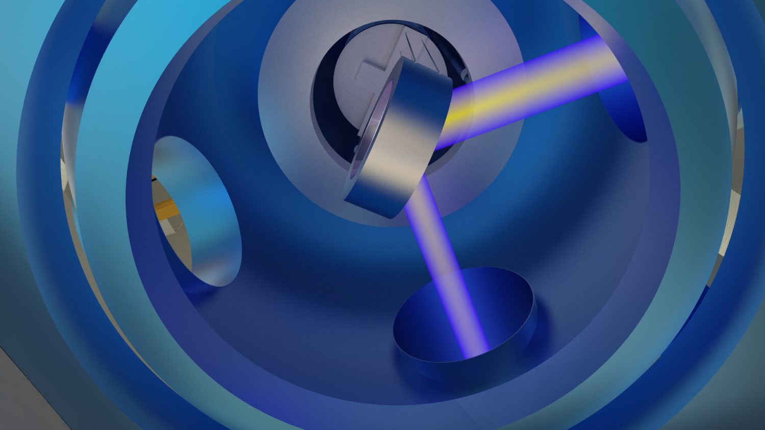 The image shows a digital rendering of an optical system featuring blue and metallic components. A laser beam, depicted in blue and yellow, is reflected by a mirror inside a complex cylindrical structure, representing an advanced scientific instrument or experiment.