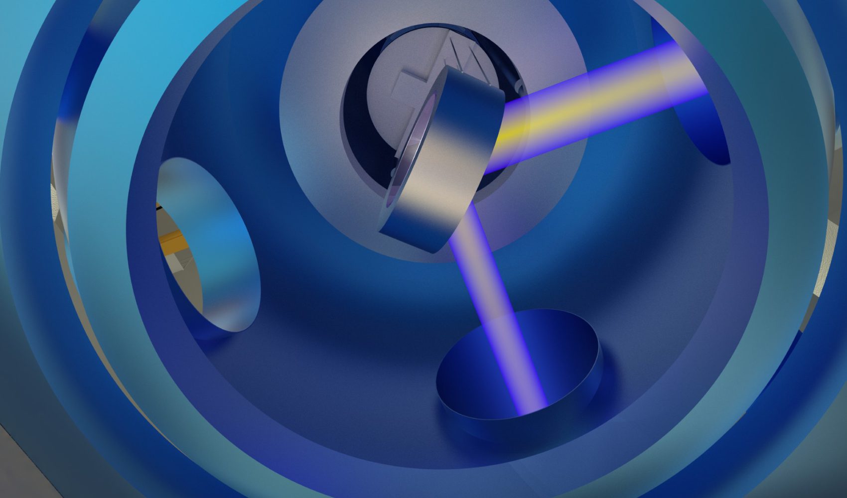 The image shows a digital rendering of an optical system featuring blue and metallic components. A laser beam, depicted in blue and yellow, is reflected by a mirror inside a complex cylindrical structure, representing an advanced scientific instrument or experiment.