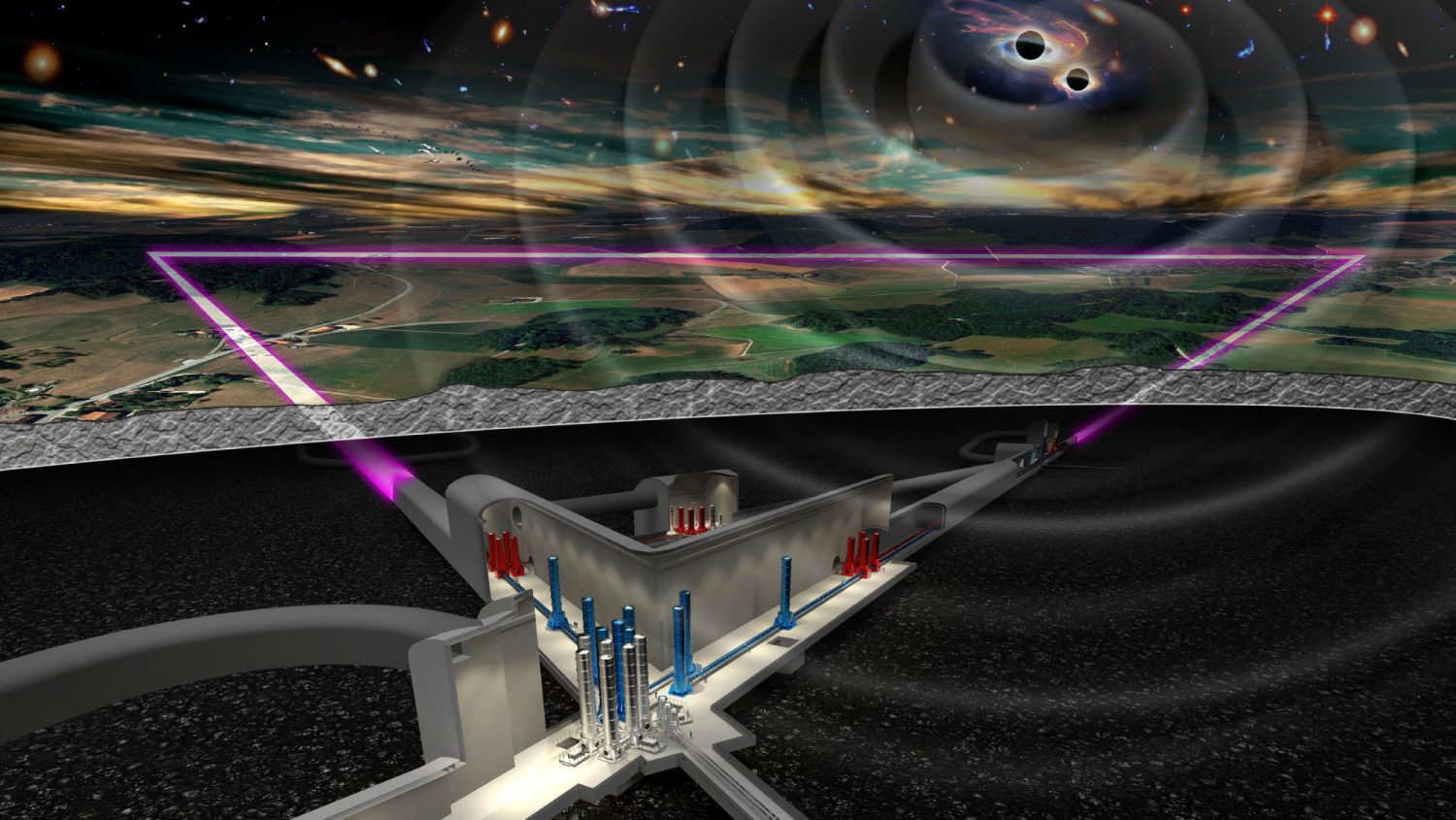 The image shows the visualization of the Einstein Telescope gravitational-waves observatory underground.