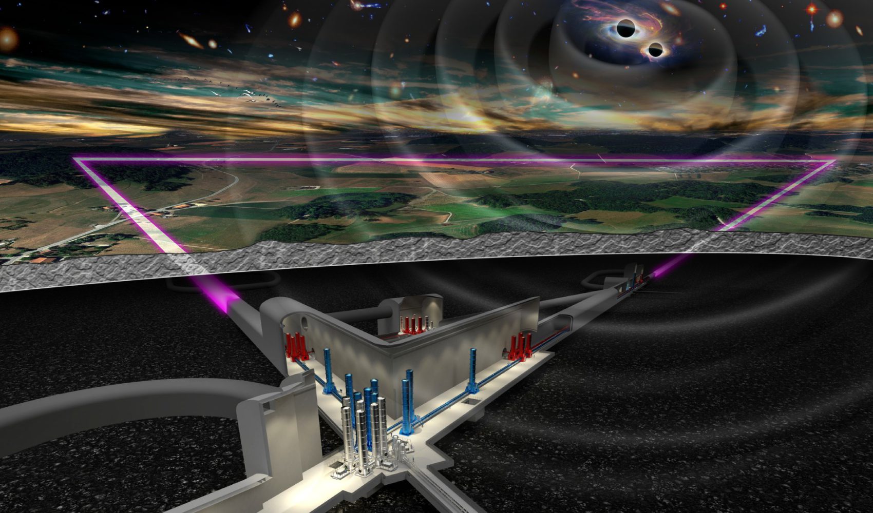 The image shows the visualization of the Einstein Telescope gravitational-waves observatory underground.