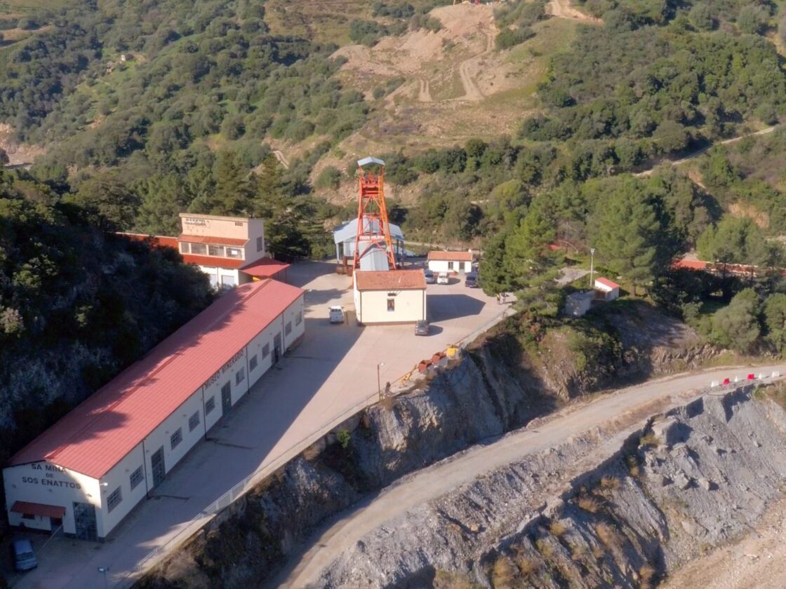An image shows the buildings of the old mine in Sos Enattos, Italy.