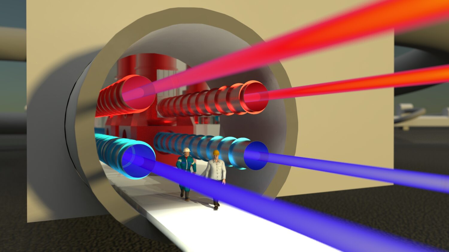 The image shows the visualization of the Einstein Telescope gravitational-waves observatory underground.