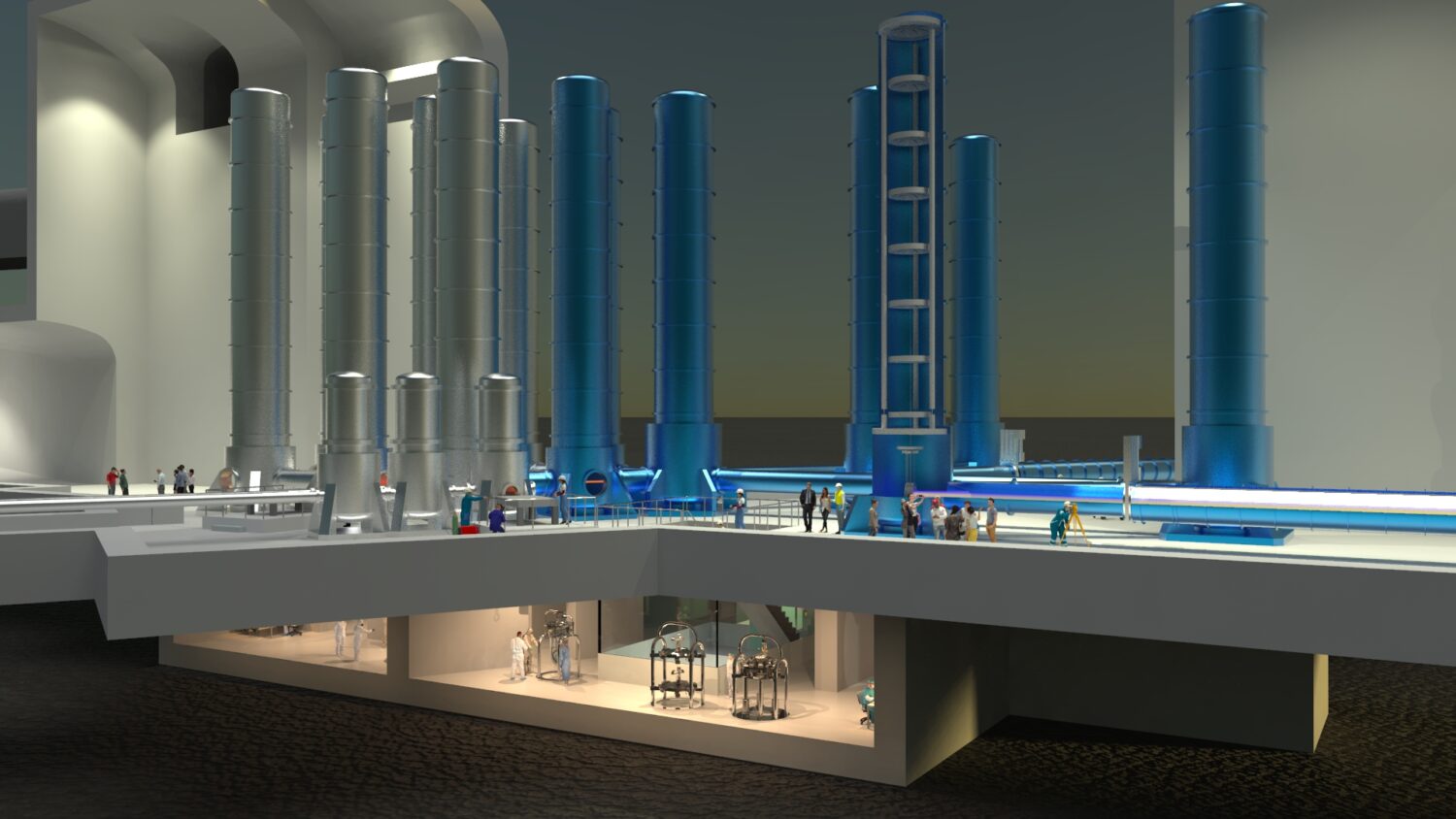 The image shows the visualization of the Einstein Telescope gravitational-waves observatory underground.