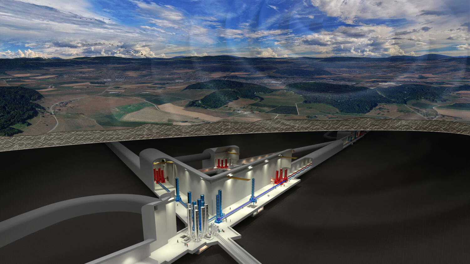 The image shows the visualization of the Einstein Telescope gravitational-waves observatory underground.