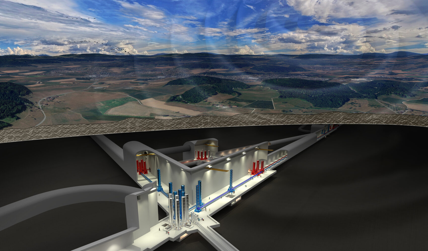 The image shows the visualization of the Einstein Telescope gravitational-waves observatory underground.