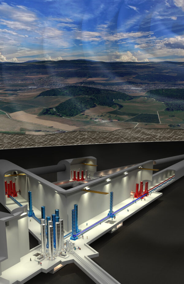 The image shows the visualization of the Einstein Telescope gravitational-waves observatory underground.