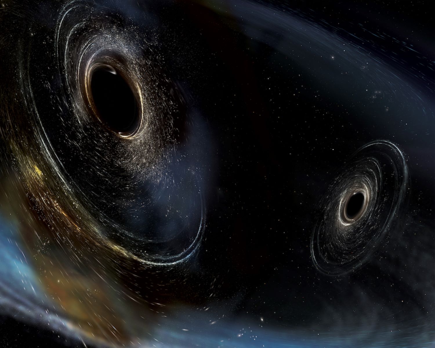 An image shows an artist's rendition of two merging black holes merging while spinning in a non-aligned fashion, meaning that they have different orientations relative to the overall orbital motion of the pair. Credits: LIGO/Caltech/MIT/Sonoma State (Aurore Simonnet)