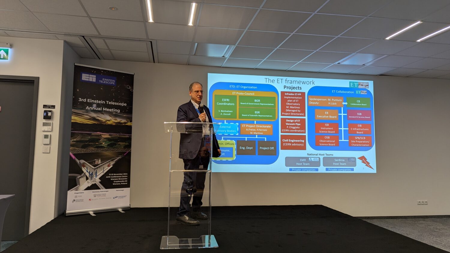 The photo shows a man presenting on stage during the ET annual meeting in Warsaw 2024.