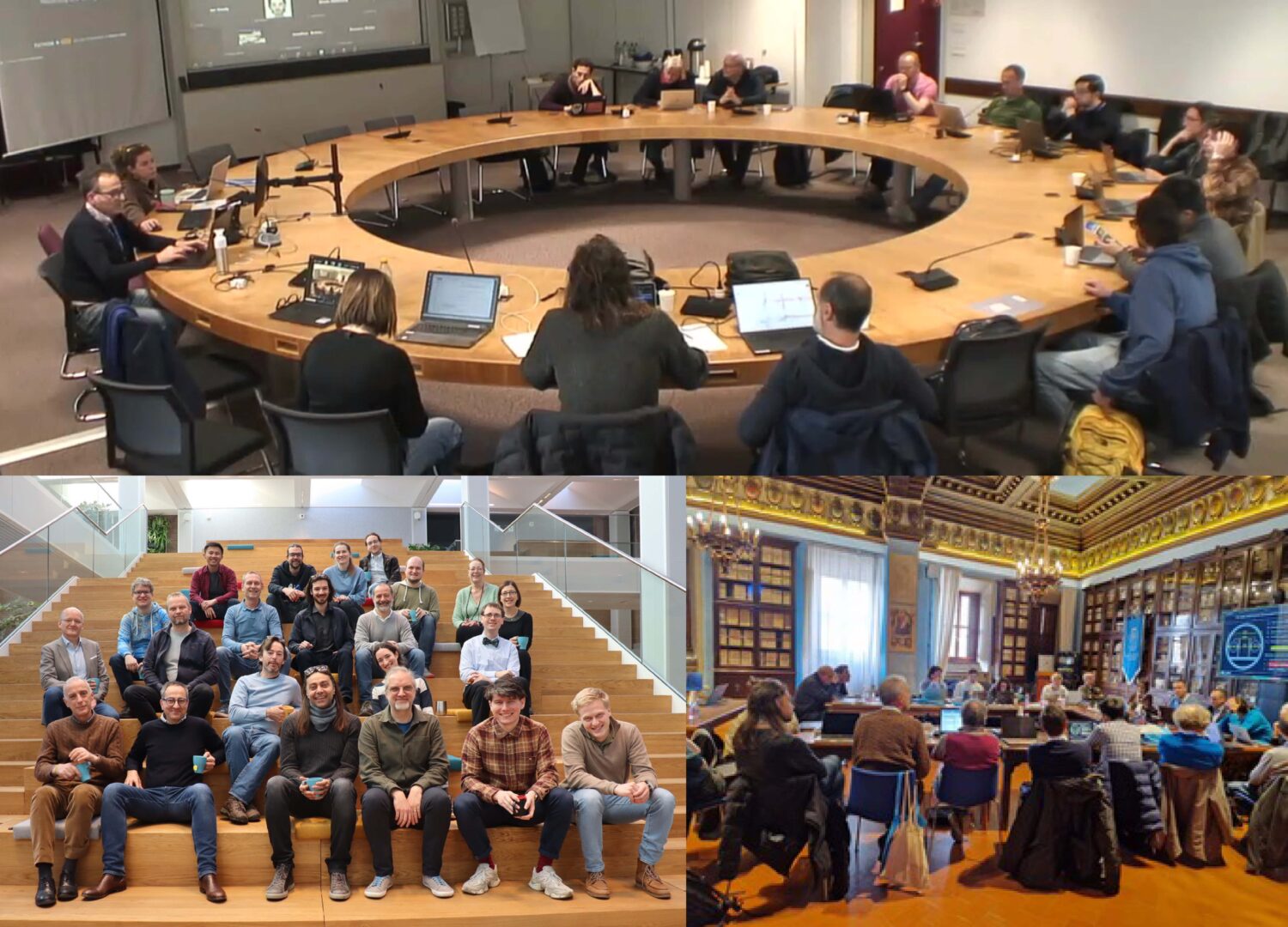 Collage showing a group picture on a staircase and people in meetings