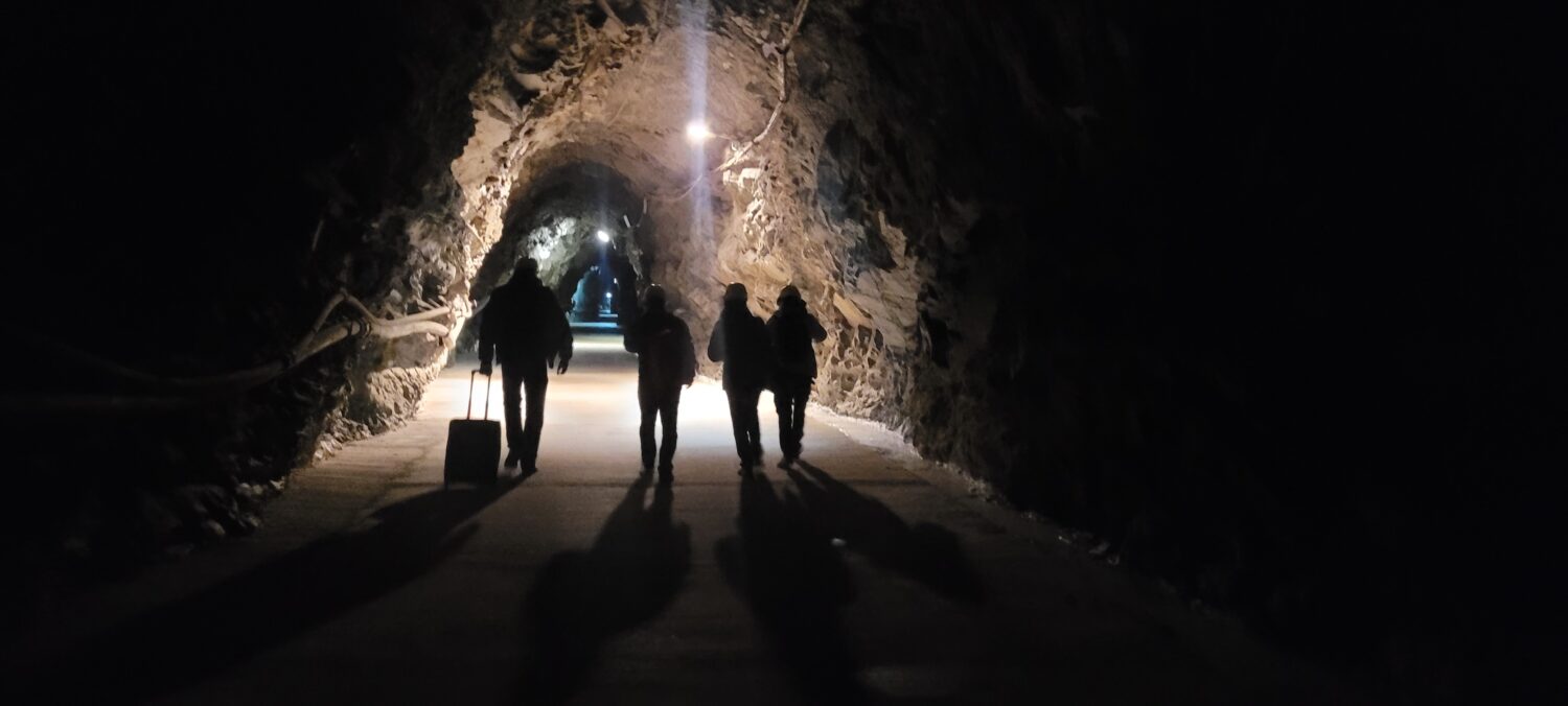 Silhouettes of several people walking through a dimly lit rocky underground tunnel, their long shadows stretching across the floor toward the camera.
