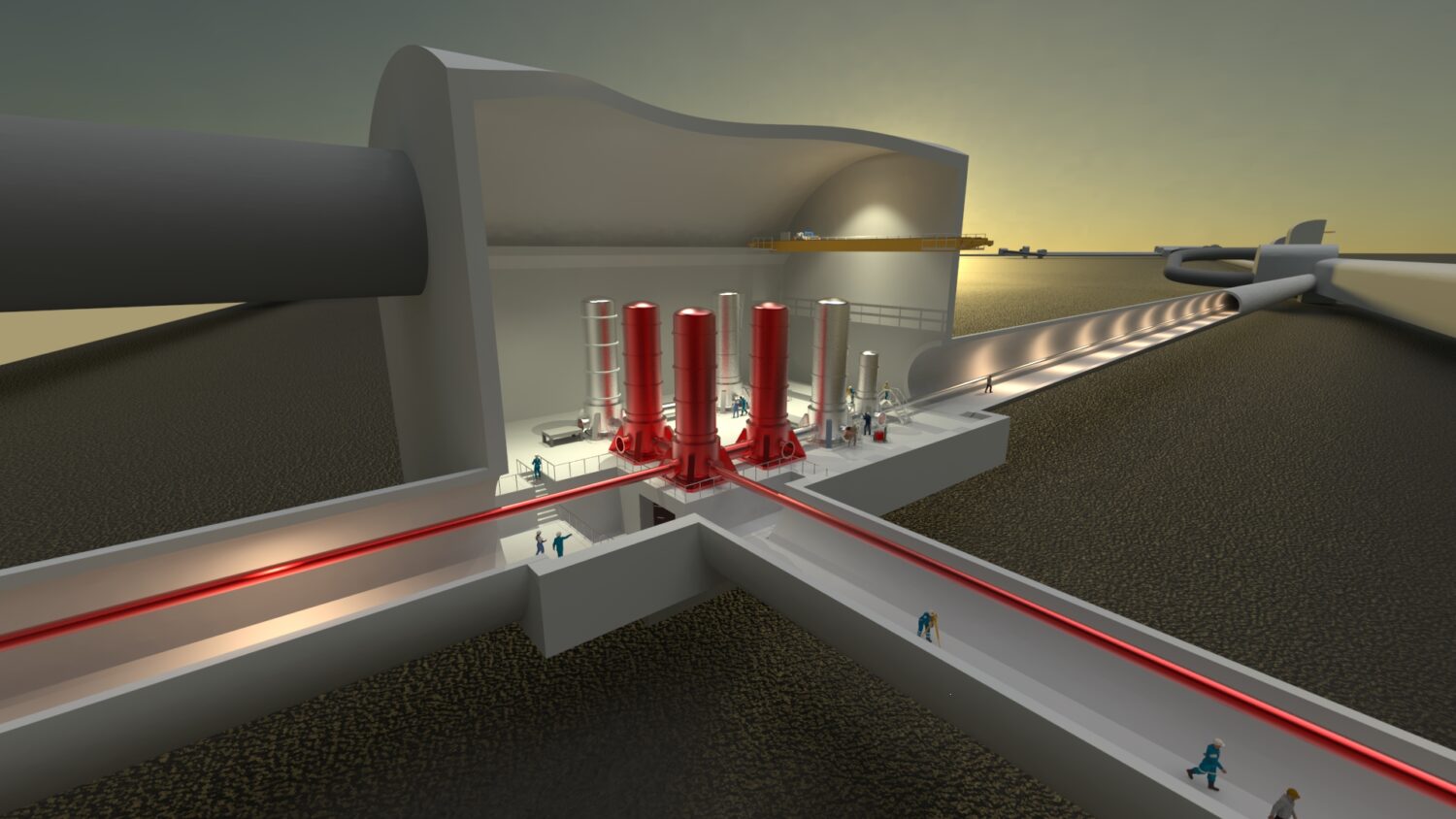 3D cutaway rendering of the Einstein Telescope underground facility, showing a central cavern with tall instrument towers and intersecting tunnels leading to long vacuum tubes extending outward.